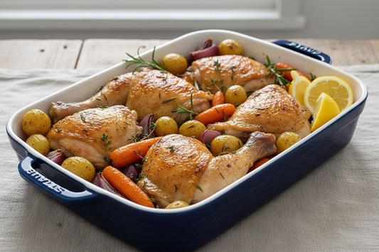Roasted chicken drumsticks and thighs with golden crispy skin in a bed of caramelized potatoes, carrots, and onions in a ceramic baking dish