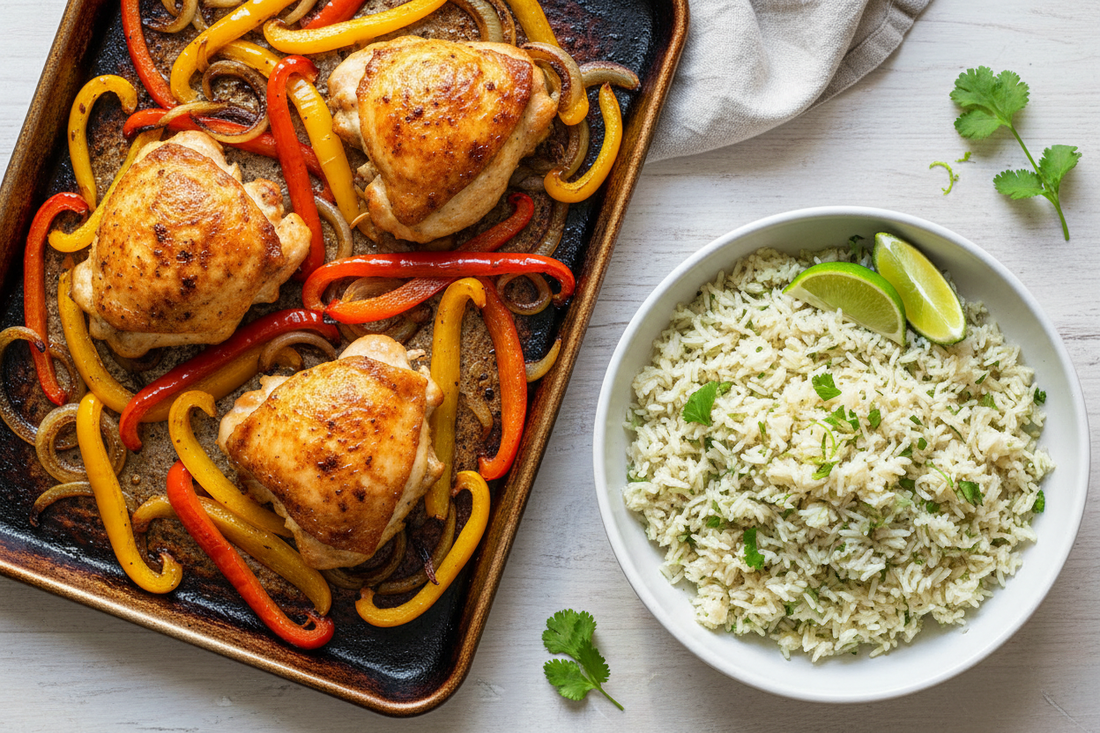 Sheet pan fajitas with roasted chicken thighs, caramelized bell peppers, charred onions, and cilantro lime rice