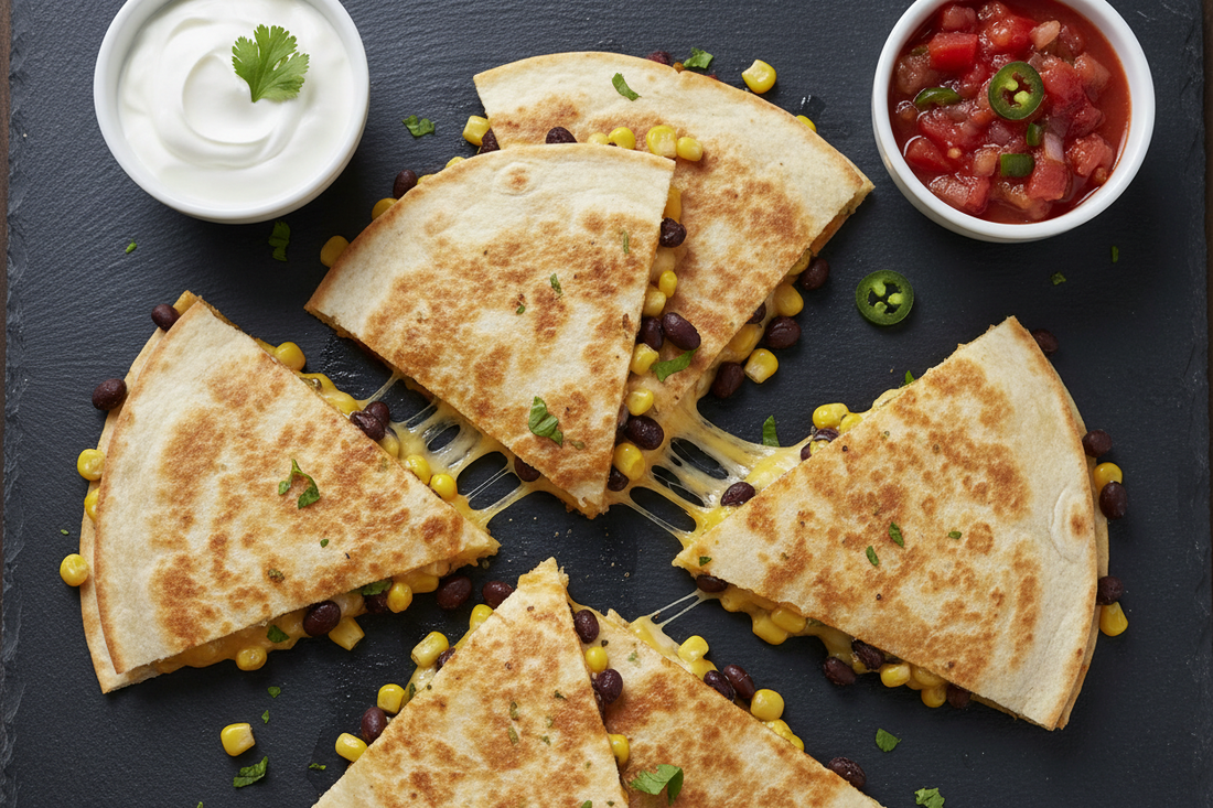 Sheet pan quesadilla wedges with golden crisp tortillas, melted cheese, black beans, and corn, served alongside a small bowl of sour cream and salsa on a dark slate surface, shot at a 45-degree angle with soft natural side light