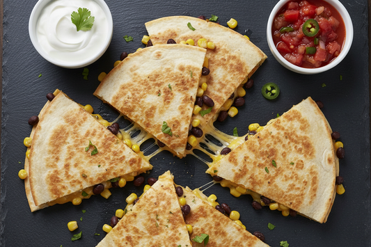 Sheet pan quesadilla wedges with golden crisp tortillas, melted cheese, black beans, and corn, served alongside a small bowl of sour cream and salsa on a dark slate surface, shot at a 45-degree angle with soft natural side light