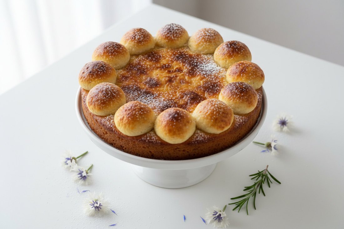 Top-down on a white ceramic stand, 11 toasted marzipan balls with caramelised edges, icing sugar dusting, dried flowers, soft natural light.