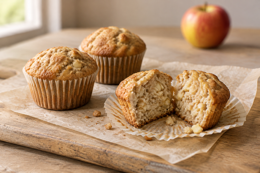 Homemade apple muffins on parchment over a wooden board, one split open to reveal small pieces of apple.