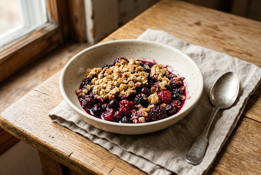 A spooned serving of mixed berry crisp with juicy cooked berries and a golden oat crumble topping in a cream bowl.