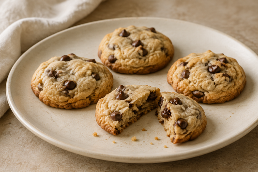 Homemade chocolate chip cookies with lightly golden edges on a cream plate, one broken open to show the crumb.