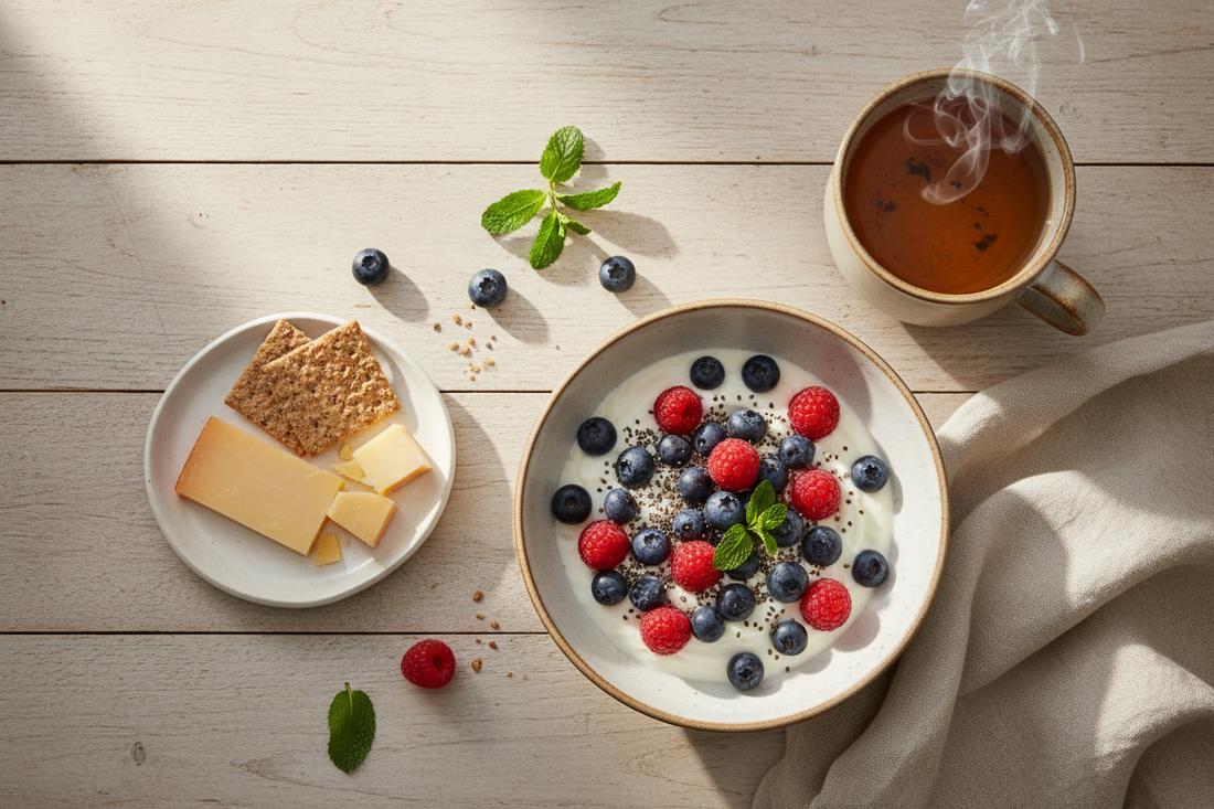 Peaceful overhead view of a simple nourishing meal with Greek yoghurt, fresh berries, herbal tea, and cheese with crackers on a wooden table