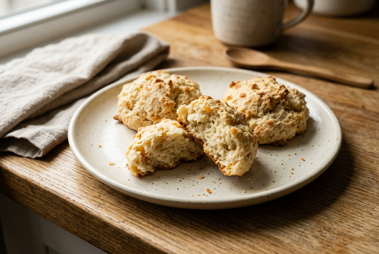 Rustic cheddar drop biscuits with lightly golden tops on a cream plate, one broken open to show the tender cheese-flecked crumb.