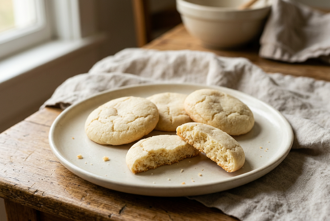Homemade sugar cookies with pale tops and lightly golden edges on a cream plate, one broken open to show the tender crumb.