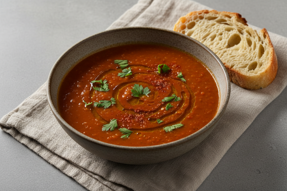 A ceramic bowl of thick tomato lentil soup garnished with fresh parsley, a drizzle of olive oil, and smoked paprika, served with a slice of crusty bread on a linen surface.