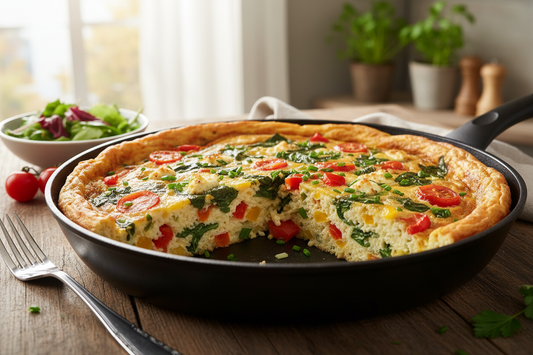 Fluffy vegetable frittata in nonstick skillet with colorful bell peppers, spinach, tomatoes, and cheese with slice cut to show tender interior