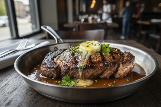 Perfectly seared steak in stainless steel skillet with rich pan sauce garnished with fresh herbs and butter