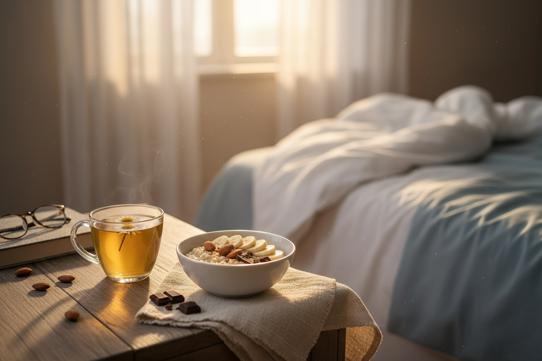 Calming evening scene with sleep-supporting foods including chamomile tea, oatmeal with banana, almonds, and dark chocolate in soft warm lighting