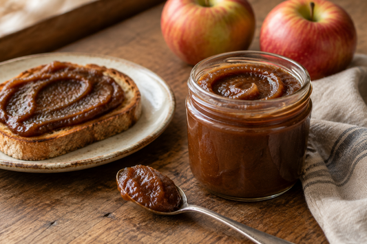 Rich brown apple butter in an open glass jar, with apple butter spread on sourdough toast.