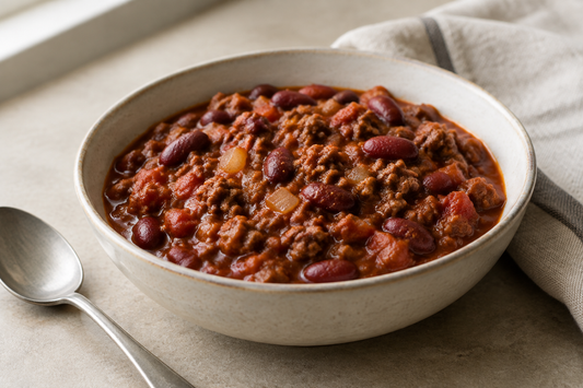 A bowl of hearty beef and kidney bean chili with tomatoes and onions in a rich red sauce.