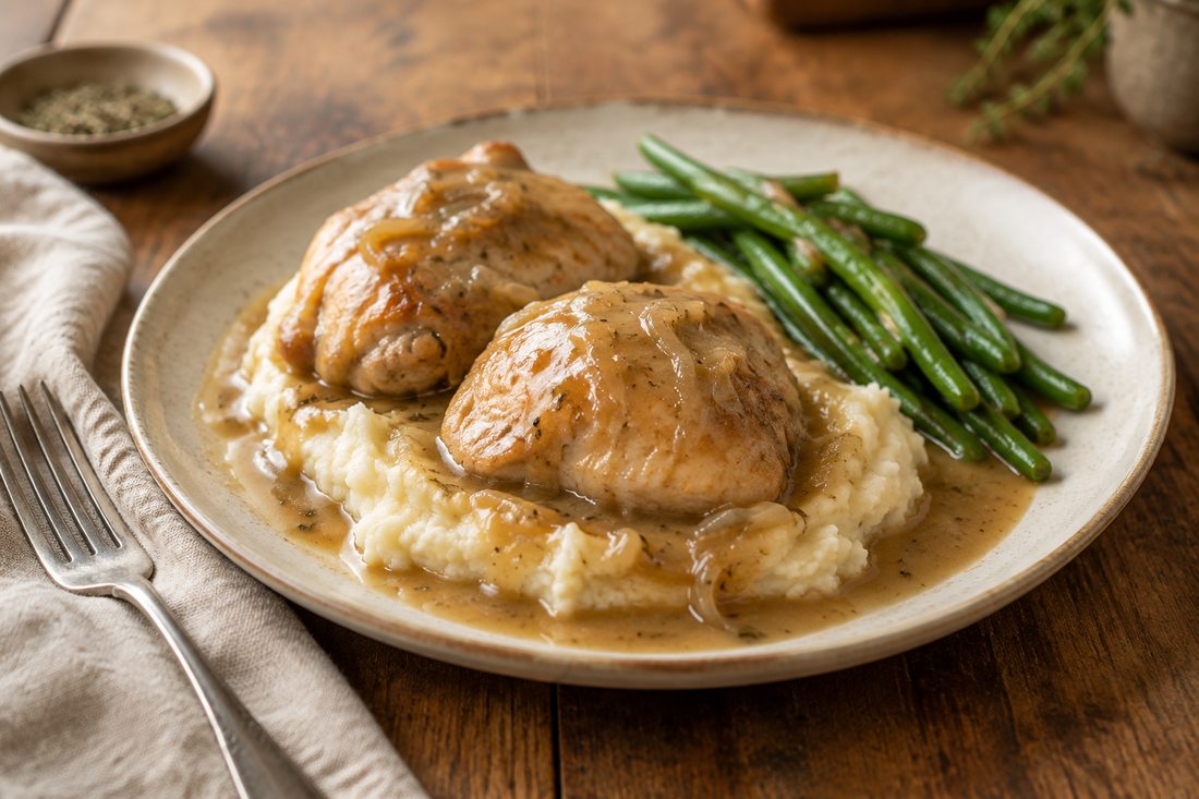 Slow cooker chicken thighs with onion-herb gravy over mashed potatoes, served with green beans.