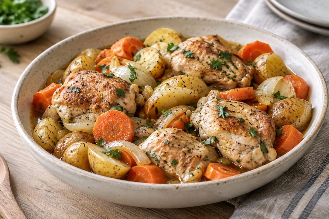 Slow cooker chicken thighs with halved baby potatoes, carrots and onions, topped with parsley and savoury cooking juices.