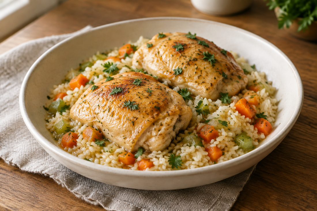 Browned chicken thighs over rice with carrots, celery and parsley in a cream ceramic bowl.