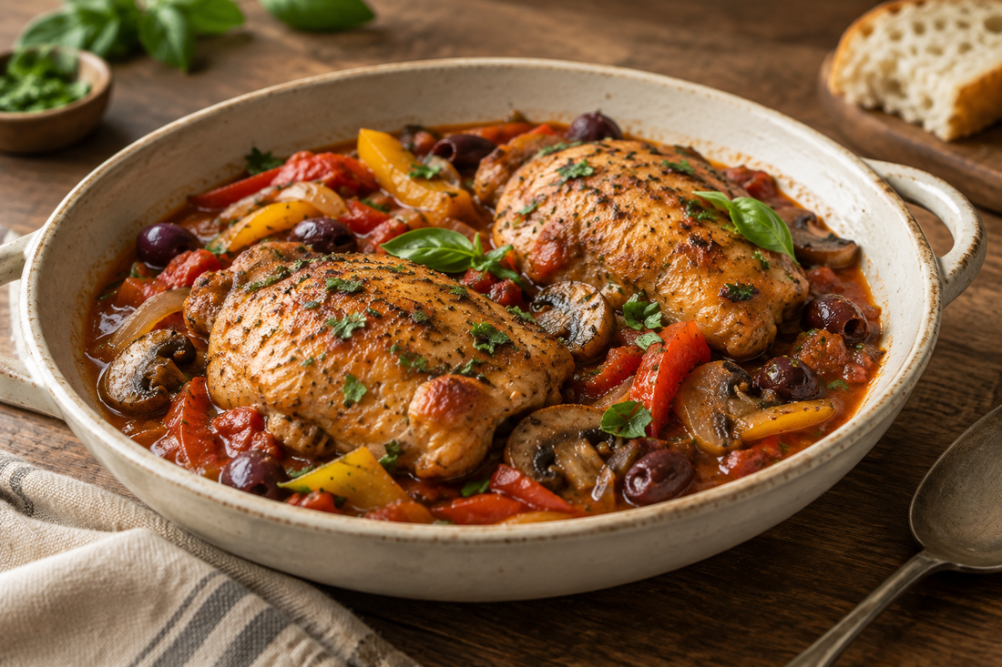 Chicken cacciatore with tomato sauce, sweet peppers, mushrooms and Kalamata olives in a rustic ceramic bowl.