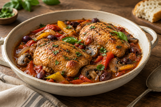 Chicken cacciatore with tomato sauce, sweet peppers, mushrooms and Kalamata olives in a rustic ceramic bowl.