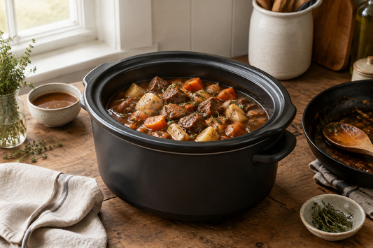 Beef and root vegetable stew in an open slow cooker beside a skillet and fresh thyme on a wooden counter.