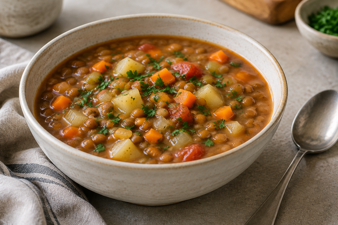 A bowl of hearty lentil soup with carrots, celery, potatoes and tomatoes, topped with chopped parsley