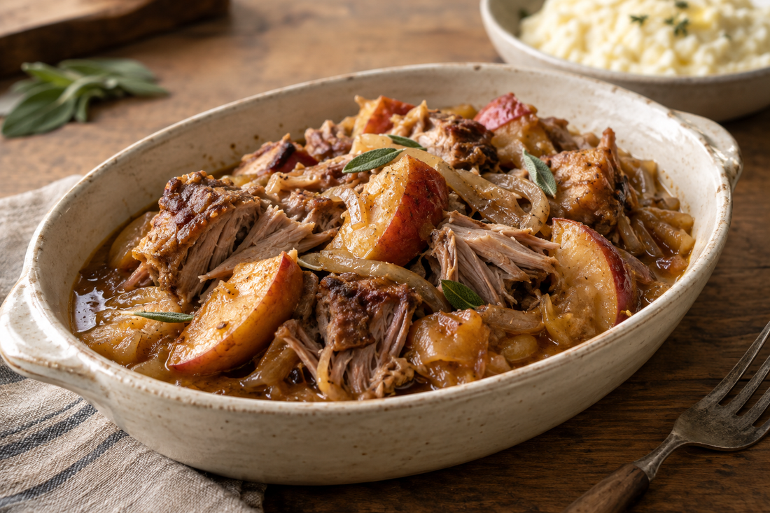 Tender slow cooker pork shoulder with softened apple wedges, onions and sage in a savoury cider sauce.