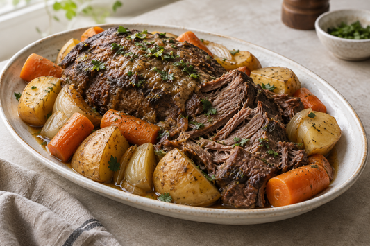 Tender beef pot roast with chunky potatoes, carrots and onion wedges, topped with parsley and savoury cooking juices.