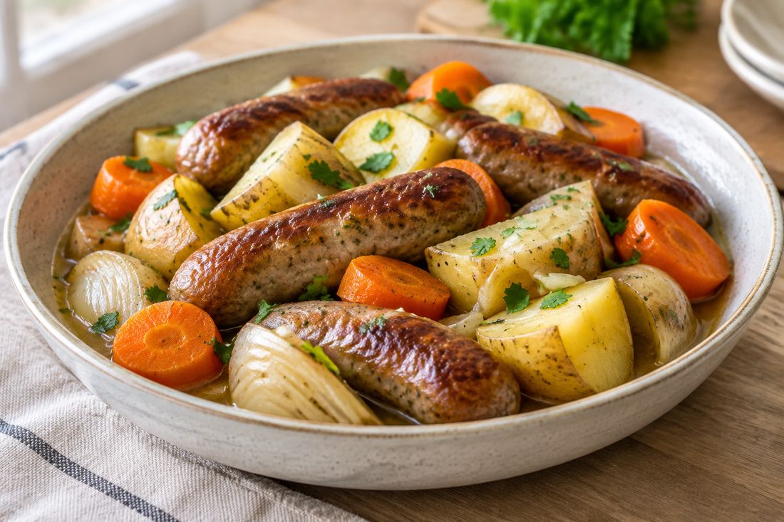 Italian sausages with chunky potatoes, carrots and onion wedges in a shallow bowl, topped with parsley and cooking juices.