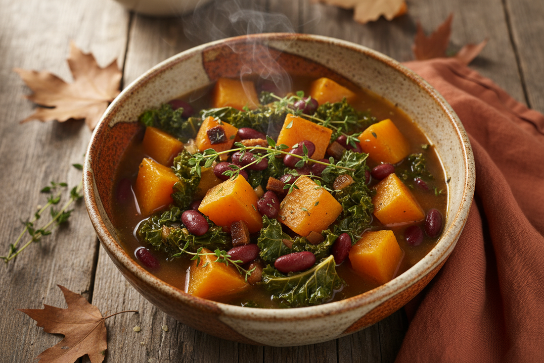 Hearty maple squash and red bean stew in a rustic bowl with chunks of winter squash, red kidney beans, wilted kale, and fresh