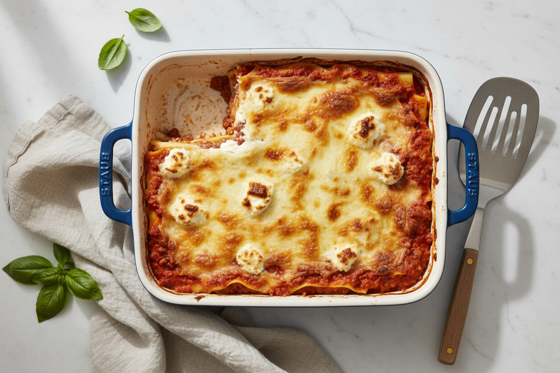 Small-batch lasagna in ceramic baking dish showing golden cheese top and layered pasta, meat sauce, and ricotta
