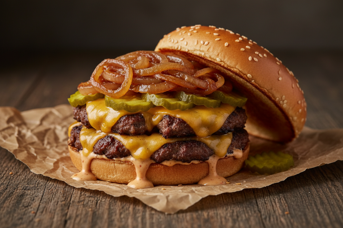 Double smash burger with crispy edges, melted cheddar, caramelised onions, and pickles on a toasted brioche bun