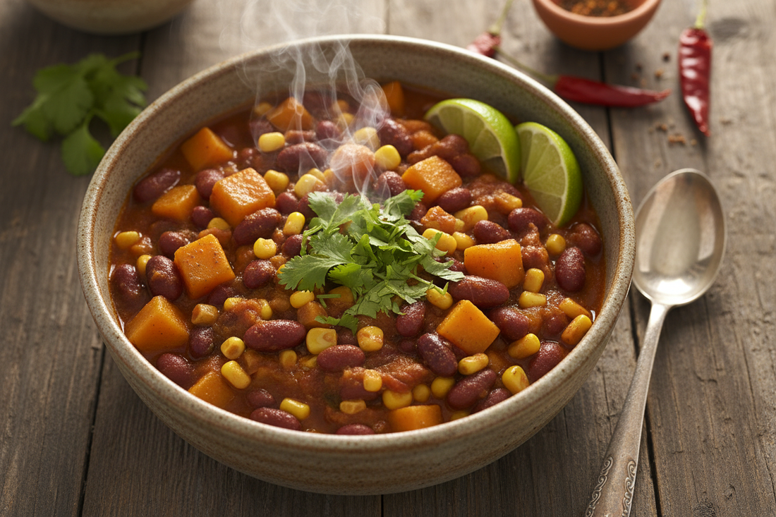Smoky chipotle bean and corn chili in a rustic bowl with kidney beans, black beans, corn kernels, and butternut squash,
