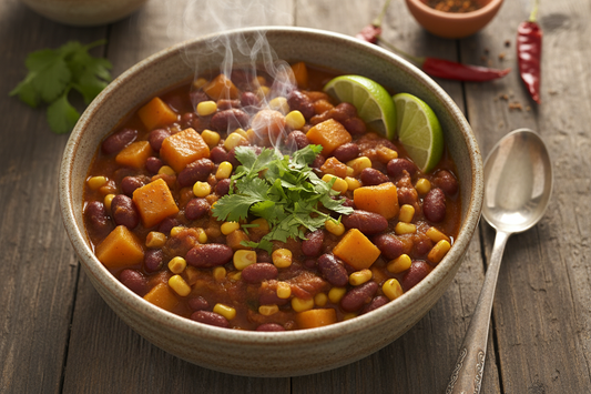 Smoky chipotle bean and corn chili in a rustic bowl with kidney beans, black beans, corn kernels, and butternut squash,