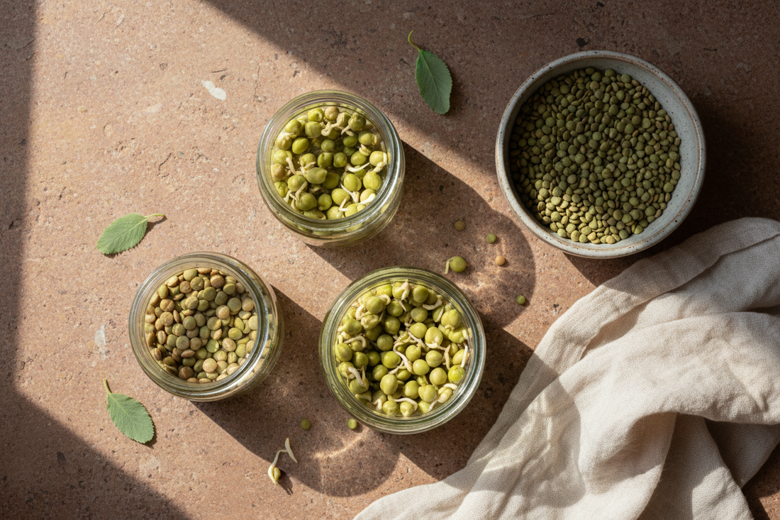 Overhead shot of glass jars of soaking lentils and sprouting chickpeas alongside dried lentils and muslin cloth on a warm stone surface