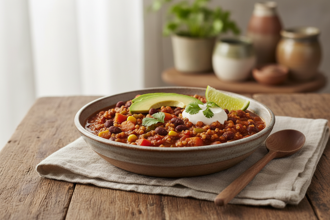 Hearty sorghum and black bean chili in a rustic ceramic bowl topped with fresh avocado, cilantro, sour cream, and lime