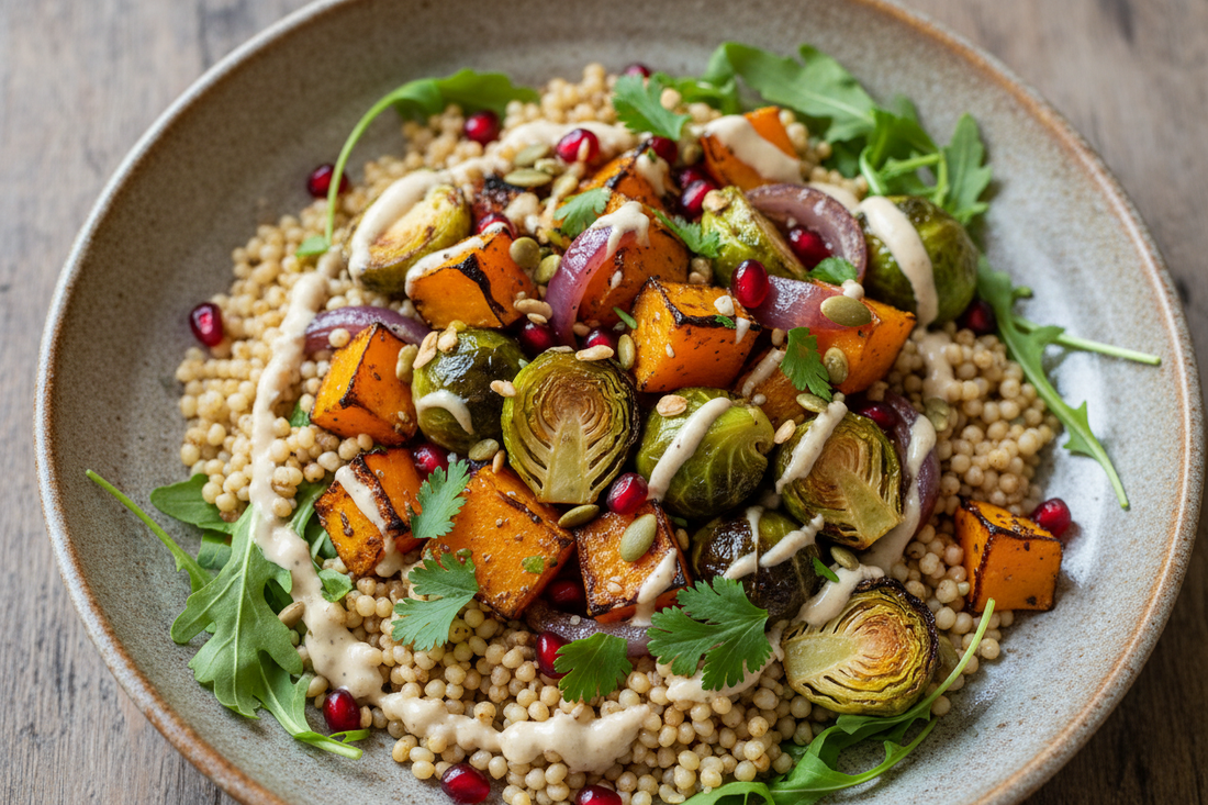 verhead view of a sorghum grain bowl with roasted butternut squash, Brussels sprouts, and red onion, topped with fresh arugula, pomegranate seeds, pumpkin seeds, and tahini dressing on a rustic ceramic plate