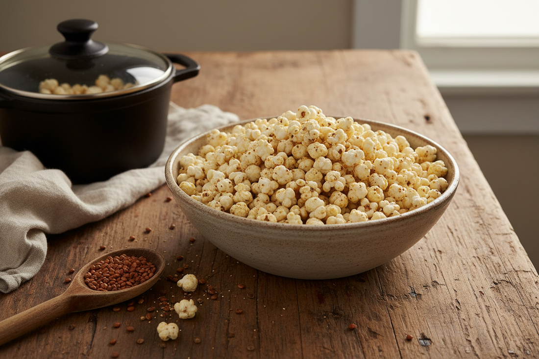 Angled kitchen-style shot of popped sorghum snack in a rustic ceramic bowl on a wooden countertop, with a heavy-bottomed pot, linen napkin, and scattered whole sorghum grains nearby.