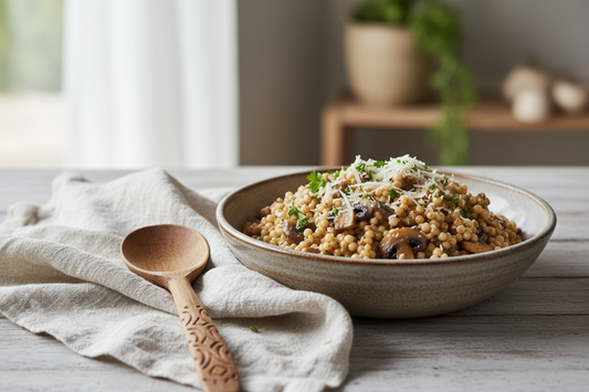Creamy sorghum risotto with sautéed mushrooms in a rustic ceramic bowl, topped with Parmesan cheese and fresh parsley