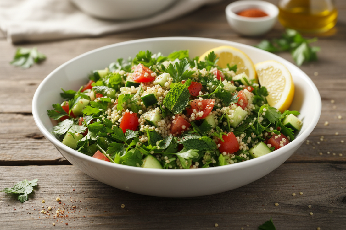Sorghum tabbouleh salad with fresh herbs, tomatoes, cucumber, and lemon in a white bowl