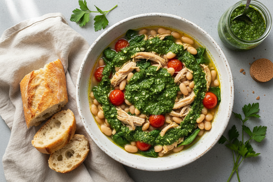 Top-down view of a white bowl of soupe au pistou with shredded chicken, white beans, cherry tomatoes, and a swirl of green parsley pistou, served with sliced baguette on linen.