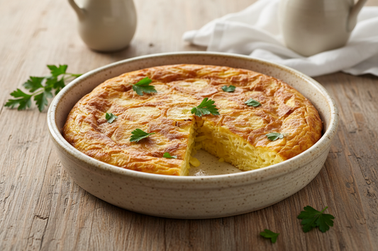 panish tortilla with potato and egg in a 3-quart round ceramic bowl with golden-brown top