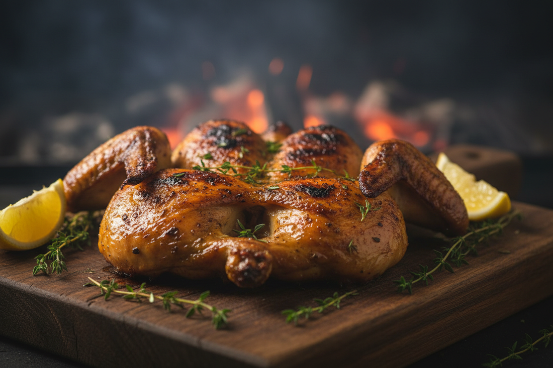 Spatchcock BBQ chicken with crispy golden skin and char marks resting on a wooden board with lemon wedges and thyme