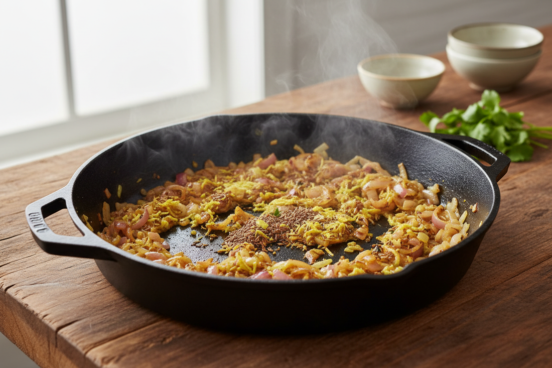 A heavy-bottomed pan of deeply caramelised onions cooked with turmeric, ginger, and spices — the golden spiced base at the heart of The Grounded Kitchen's meal prep method.