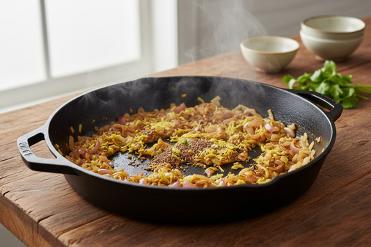 A heavy-bottomed pan of deeply caramelised onions cooked with turmeric, ginger, and spices — the golden spiced base at the heart of The Grounded Kitchen's meal prep method.