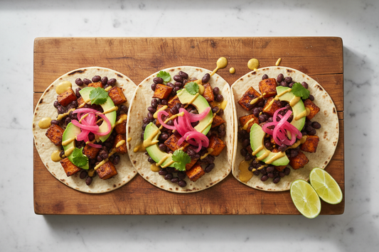 Three spiced black bean and sweet potato tacos on a wooden board — caramelised sweet potato, dark spiced beans, bright pink pickled red onion, avocado, coriander, and a drizzle of turmeric tahini dressing. Bold flavour, functional spice.