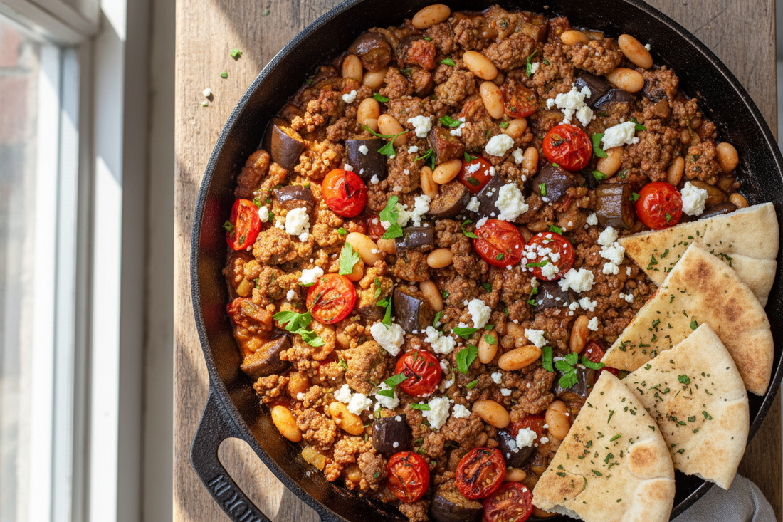 Mediterranean one-pan skillet with spiced ground lamb, golden eggplant cubes, white beans, and cherry tomatoes topped with crumbled feta cheese and fresh parsley, served with warm pita bread