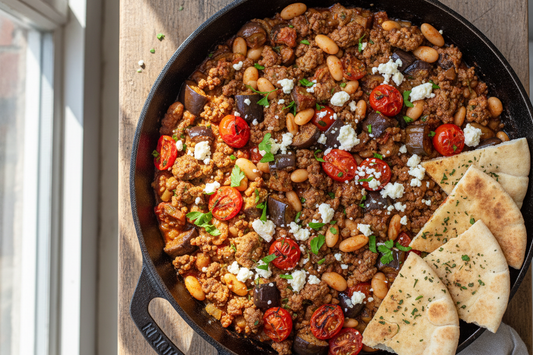 Mediterranean one-pan skillet with spiced ground lamb, golden eggplant cubes, white beans, and cherry tomatoes topped with crumbled feta cheese and fresh parsley, served with warm pita bread
