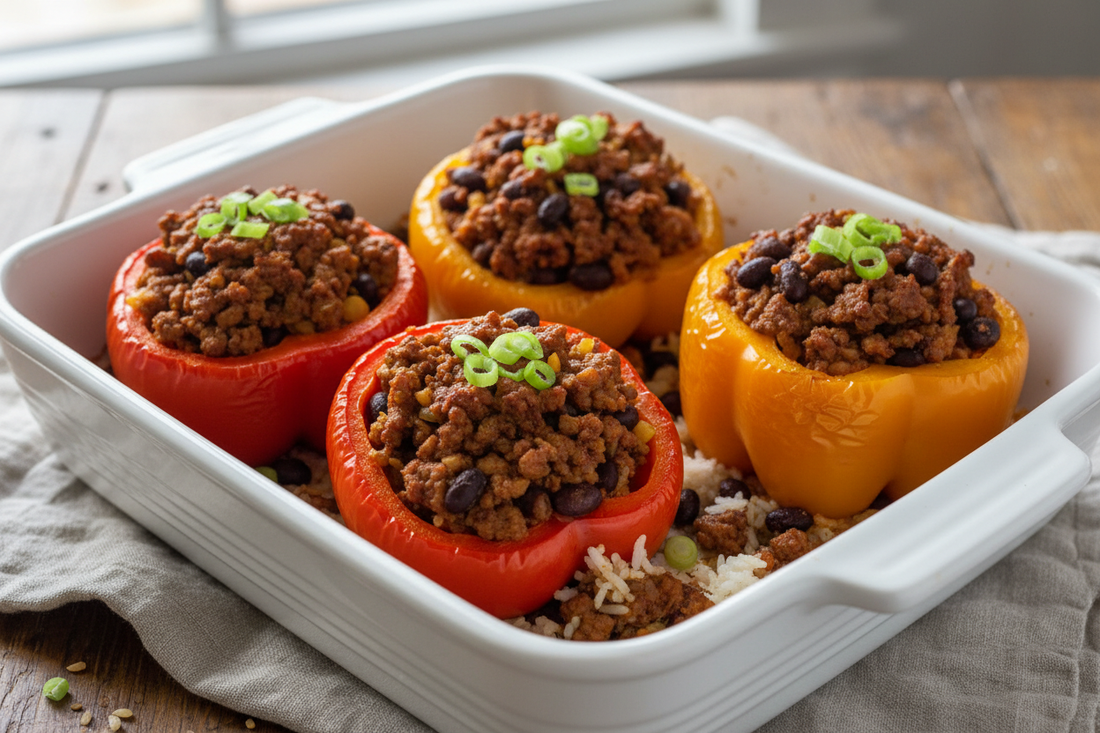 Caribbean-spiced stuffed bell peppers filled with pork, black beans, and rice, garnished with green onions