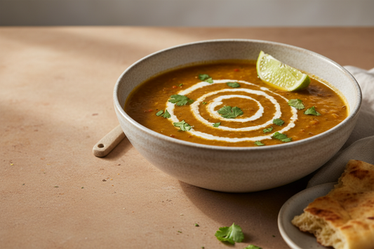 Side angle, wide ceramic bowl, deep golden-orange soup with a coconut cream swirl, coriander, and lime wedge on a warm stone surface. 