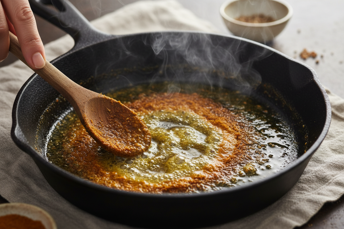 Ground turmeric, cumin, and coriander blooming in golden ghee in a heavy cast iron pan — the tarka technique that unlocks the fat-soluble aromatic compounds in every spice.