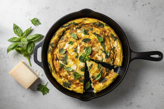 op-down view of a golden spinach and chicken frittata in a cast iron skillet, with visible wilted spinach, torn basil, and sliced wedges showing the set egg interior, alongside a wedge of Parmesan.